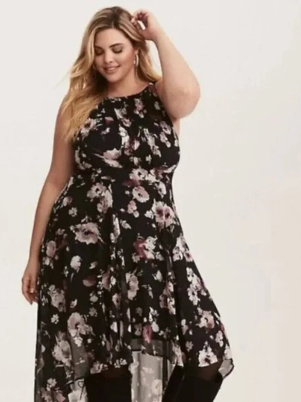 Torrid Size 18 Black & Purple Floral Escape Chiffon Pleated High-Low Dress